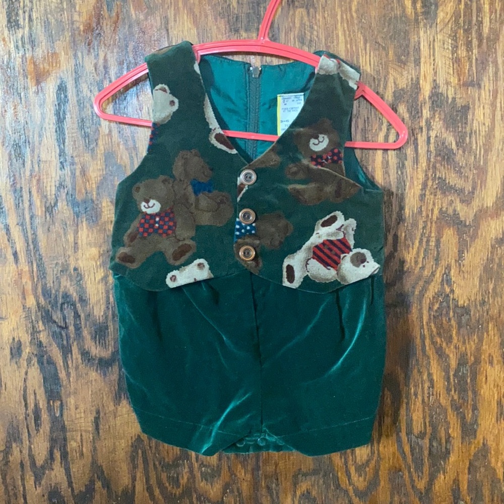 Vintage green Valore velvet romper teddy bears Christmas outfit 3-6 months baby
